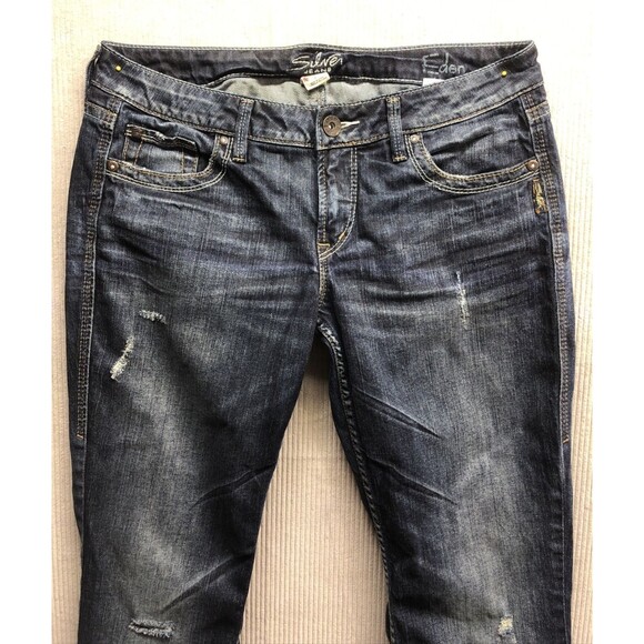 Silver Jeans Womens Eden Distressed Bootcut Dark Distressed Wash - Picture 1 of 16